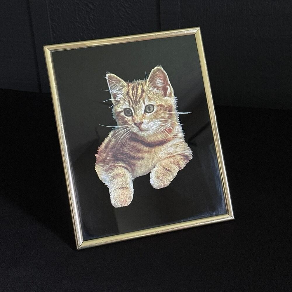 Vintage Kafka Ginger Tabby Cat Foil Art Screened Etching Frame with Glass 8 x 10